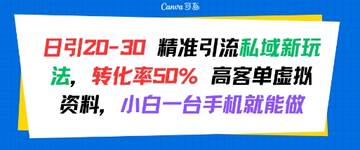日引 20-30 精准引流私域新玩法，转化率50% 高客单虚拟资料，小白一台手机就能做-87创业网