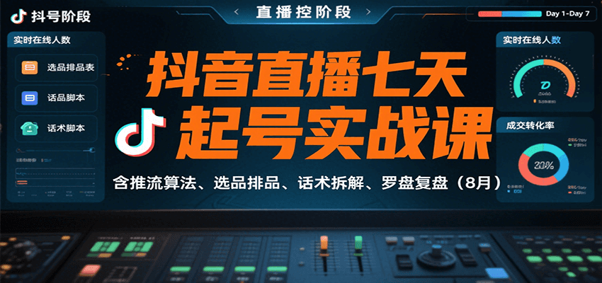 抖音直播七天起号实战课：含推流算法、选品排品、话术拆解、罗盘复盘(8月)-87创业网