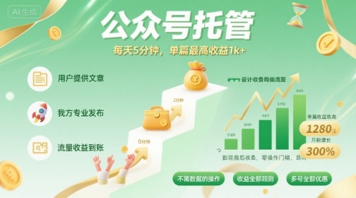 【公众号托管 】我提供文章，你发布，每天5分钟，单篇最高收益1k+【揭秘】-87创业网