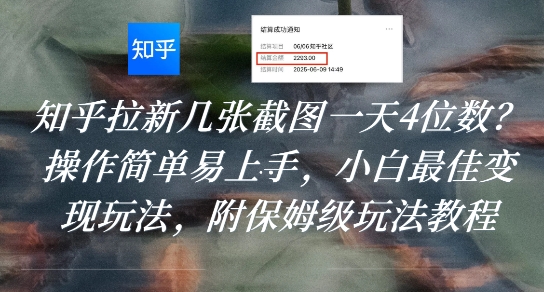 知乎拉新几张截图一天4位数？操作简单易上手，小白最佳变现玩法，附保姆级玩法教程-87创业网