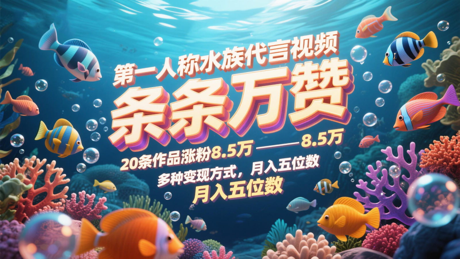 第一人称水族代言视频，条条万赞，20条作品涨粉8.5万，多种变现方式月，入五位数-87创业网