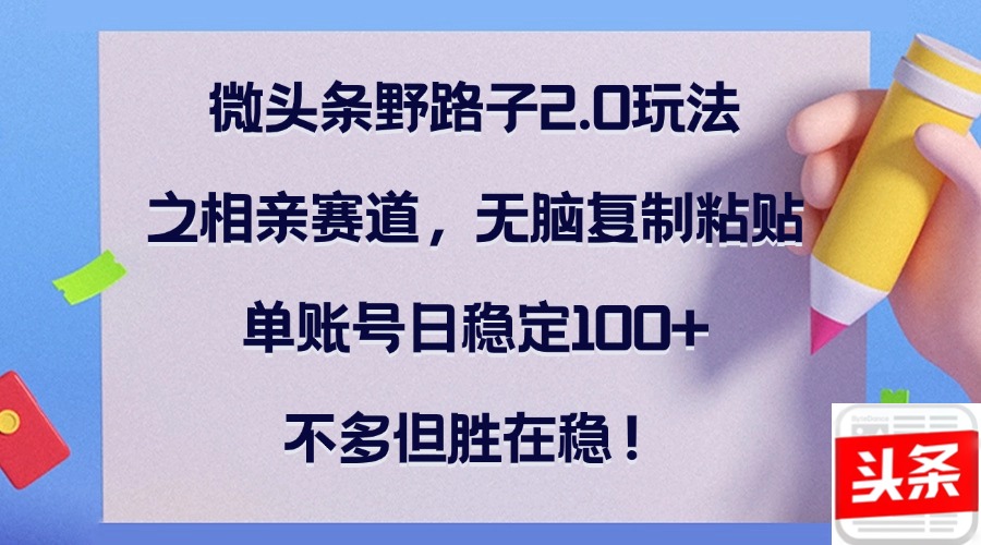 微头条野路子2.0玩法之相亲赛道，无脑复制粘贴，单账号日稳定100+，不…-87创业网