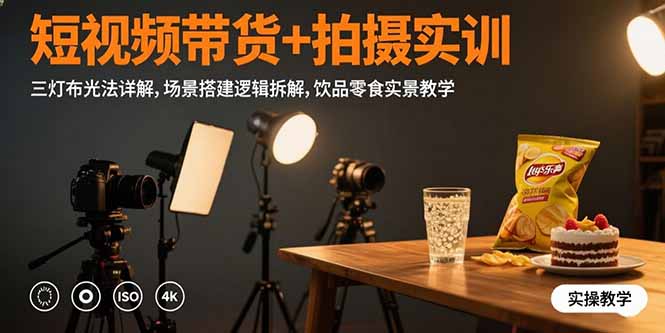 短视频带货+拍摄实训：三灯布光法详解,场景搭建逻辑拆解,饮品零食实景教学-87创业网