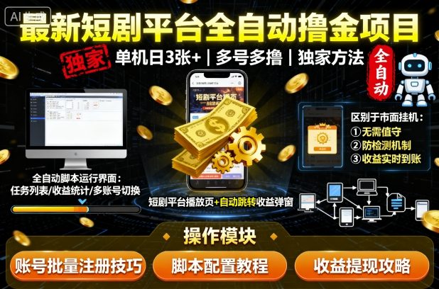 最新短剧平台全自动挂G撸金项目，单机一天3张+，多号多撸，区别于市面所有挂机项目，独家方法【揭秘】-87创业网