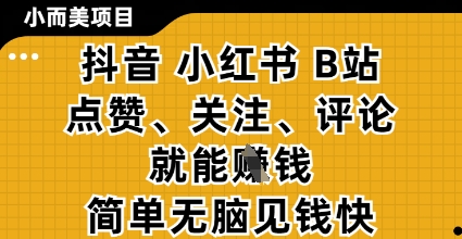 小而美的项目，抖音小红书B站视频点赞、关注、评论就能挣钱，简单无脑立见收益，妥妥的零撸项目【揭秘】-87创业网