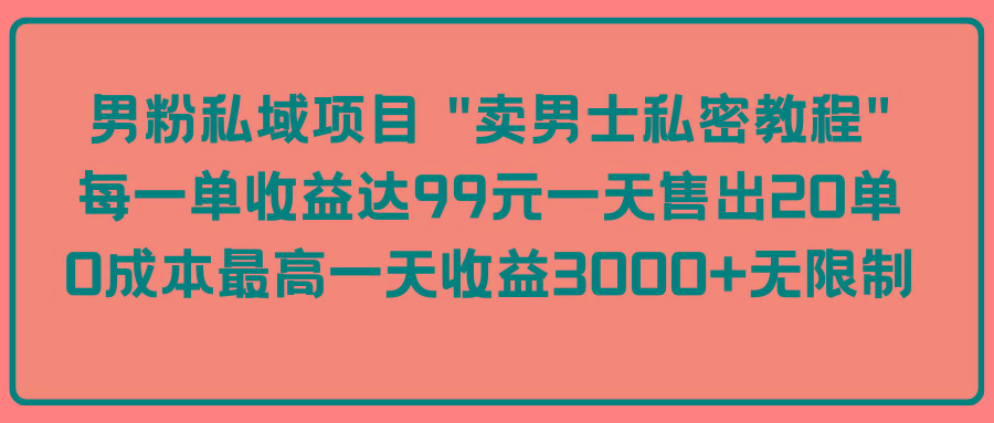 (9730期)男粉私域项目 “卖男士私密教程” 每一单收益达99元一天售出20单-87创业网