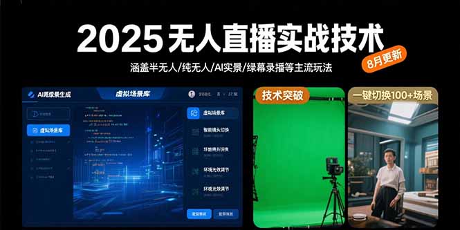 2025无人直播实战技术-8月，涵盖半无人/纯无人/AI实景/绿幕录播等主流玩法-87创业网