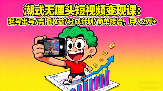 潮式无厘头短视频变现课：起号出号/完播收益/分成计划/商单接洽，月入2万+-87创业网