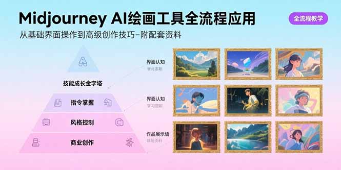 Midjourney AI绘画工具全流程应用，从基础界面操作到高级创作-附配套资料-87创业网