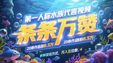 第一人称水族代言视频，条条万赞，20条作品涨粉7.8W，多种变现方式月入五位数-87创业网